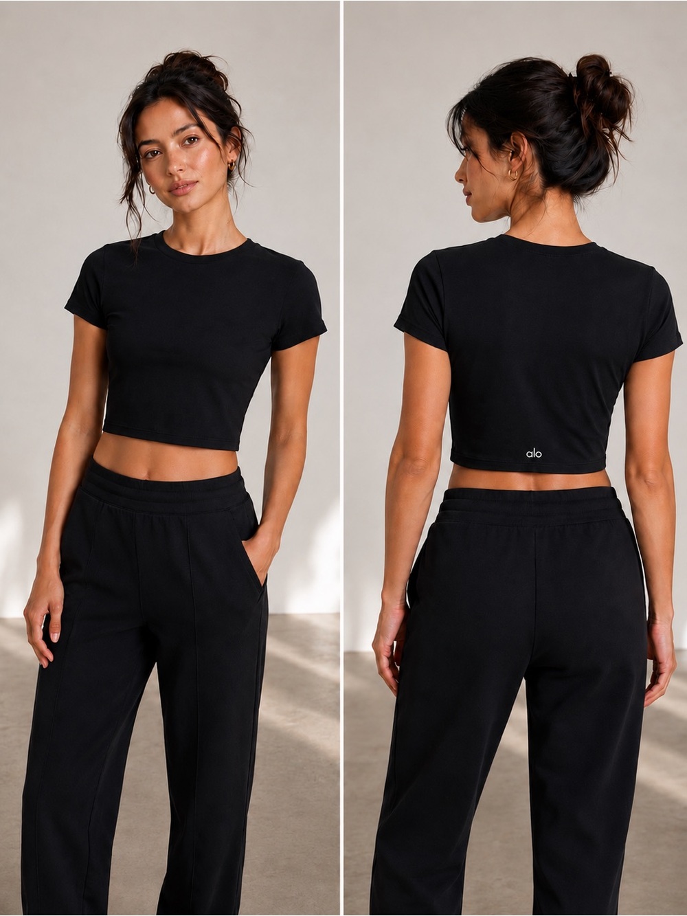 ALO Black Cropped Crewneck T-Shirt Size M